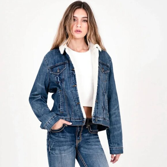 Grace In LA SZ L Denim Jean Jacket Sherpa Essential Western Timeless Ranch Warm - Picture 1 of 16